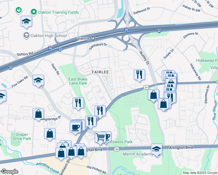map of restaurants, bars, coffee shops, grocery stores, and more near 3063 Waterloo Lane in Fairfax