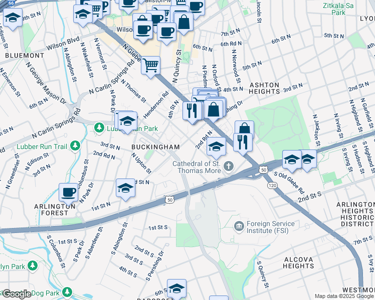map of restaurants, bars, coffee shops, grocery stores, and more near 4312 North Pershing Drive in Arlington