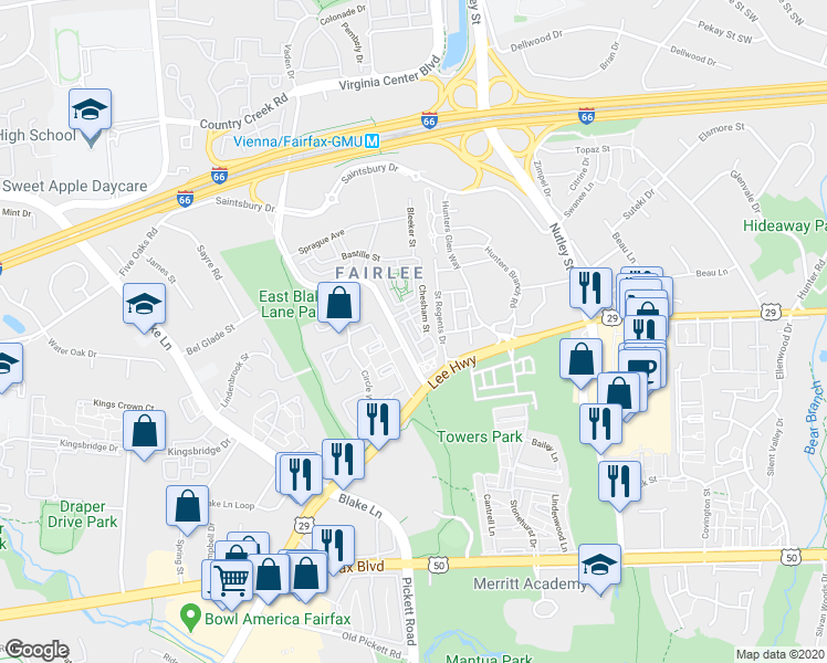 map of restaurants, bars, coffee shops, grocery stores, and more near 3063 Waterloo Lane in Fairfax