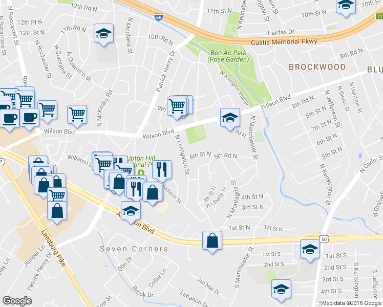 map of restaurants, bars, coffee shops, grocery stores, and more near 6051 6th Street North in Arlington