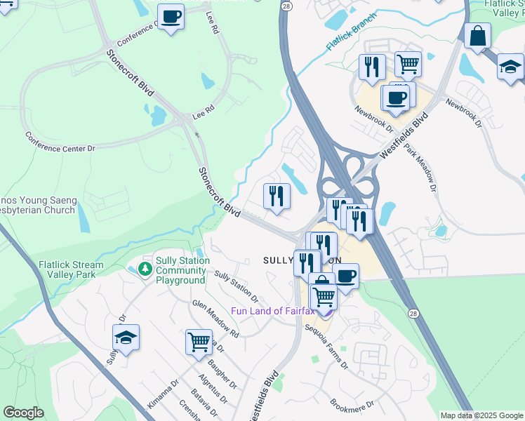 map of restaurants, bars, coffee shops, grocery stores, and more near 4950 Westcroft Boulevard in Chantilly