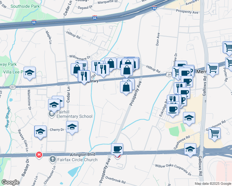 map of restaurants, bars, coffee shops, grocery stores, and more near 2999 Industry Lane in Fairfax