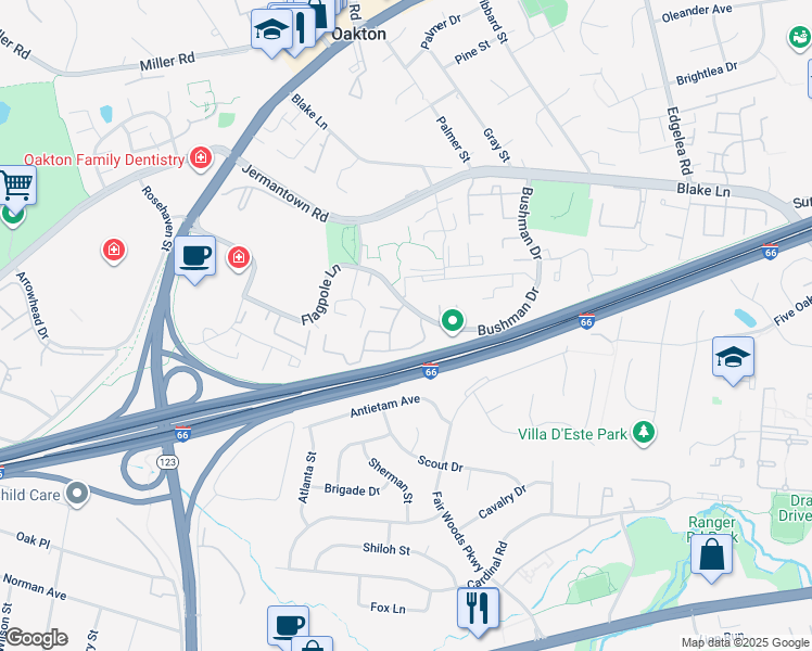 map of restaurants, bars, coffee shops, grocery stores, and more near 3175 Summit Square Drive in Oakton