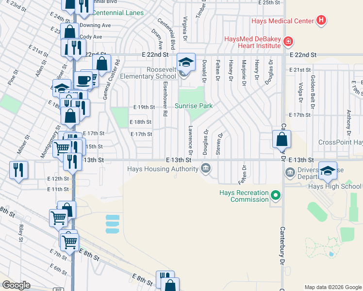 map of restaurants, bars, coffee shops, grocery stores, and more near 1301-1399 Macarthur Road in Hays