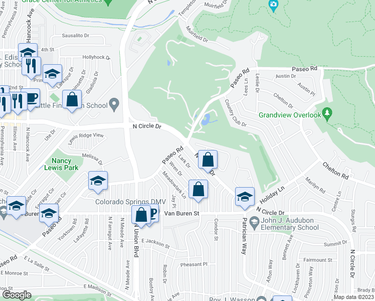 map of restaurants, bars, coffee shops, grocery stores, and more near 2836 North Circle Drive in Colorado Springs