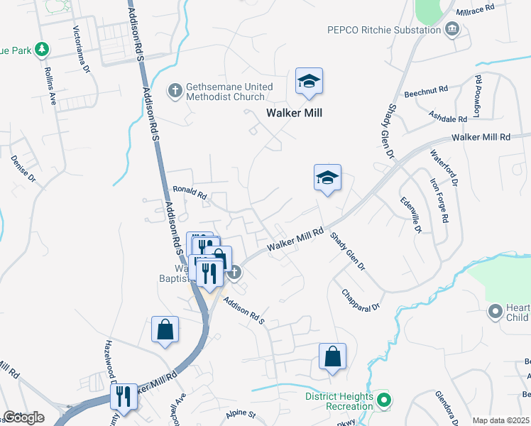 map of restaurants, bars, coffee shops, grocery stores, and more near 1420 Karen Boulevard in Capitol Heights