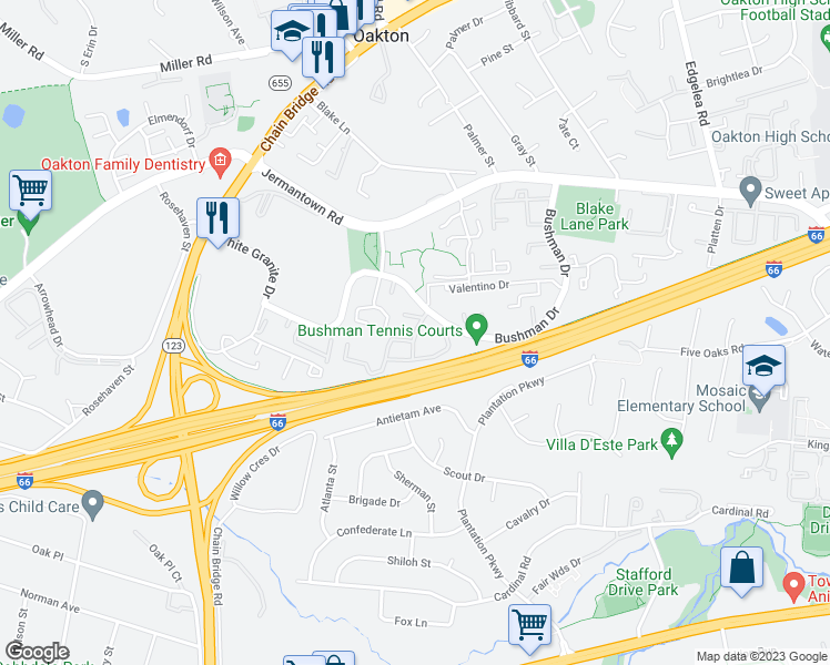 map of restaurants, bars, coffee shops, grocery stores, and more near Summit Square Drive in Oakton