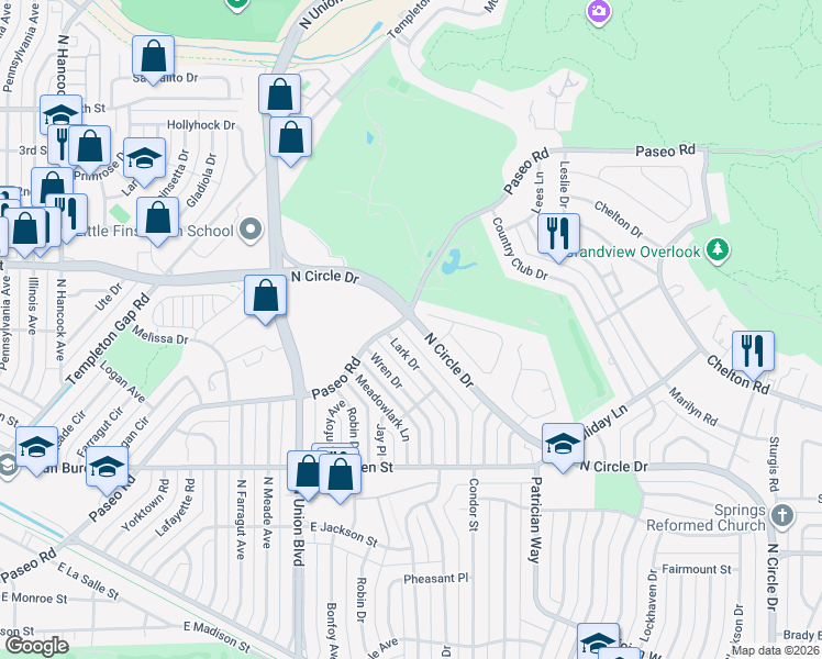 map of restaurants, bars, coffee shops, grocery stores, and more near 2836 North Circle Drive in Colorado Springs