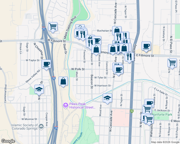 map of restaurants, bars, coffee shops, grocery stores, and more near 316 West Polk Street in Colorado Springs