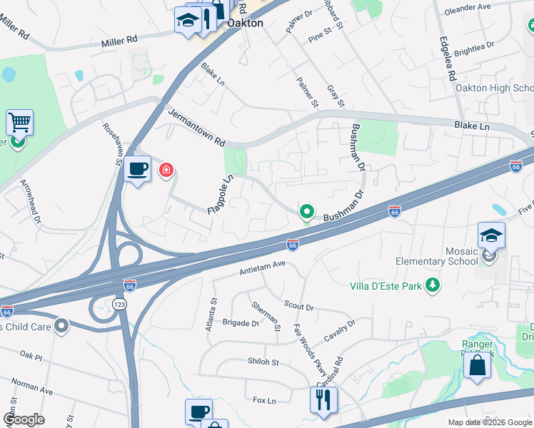map of restaurants, bars, coffee shops, grocery stores, and more near Summit Square Drive in Oakton