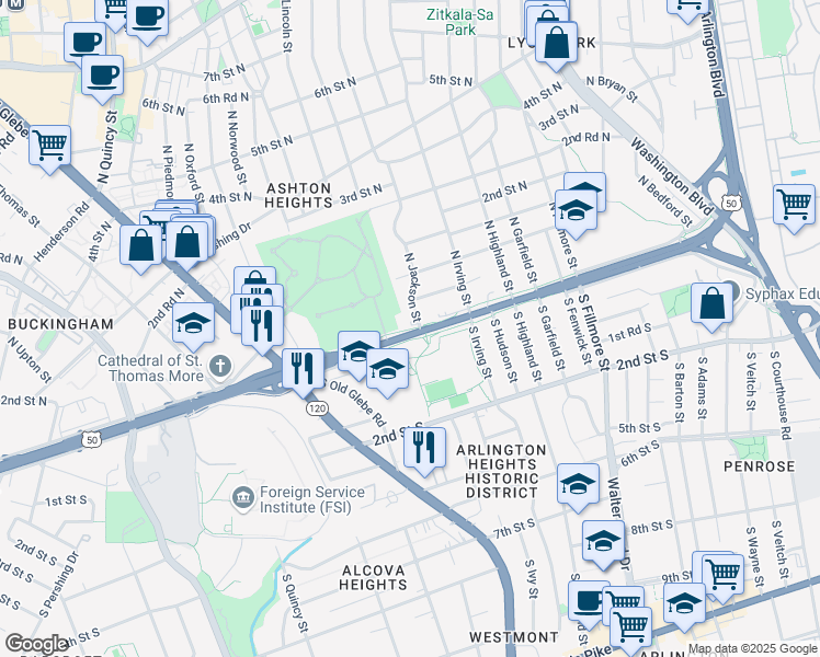 map of restaurants, bars, coffee shops, grocery stores, and more near 3313 Arlington Boulevard in Arlington