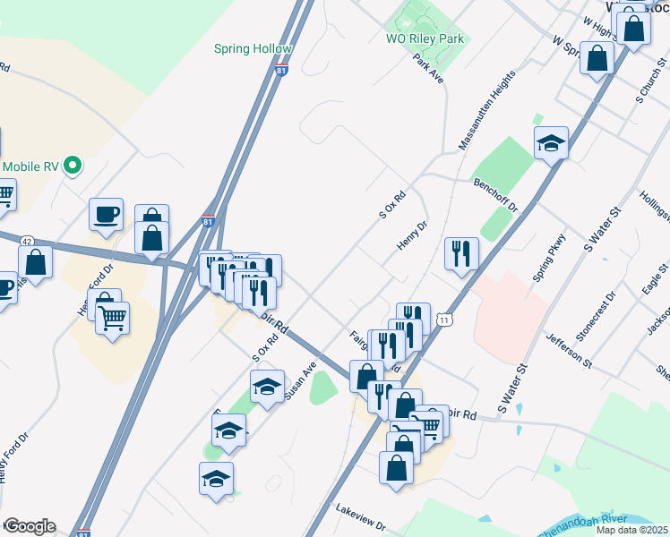 map of restaurants, bars, coffee shops, grocery stores, and more near 947 Ox Road in Woodstock