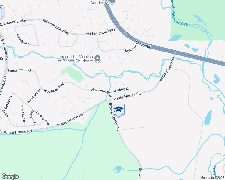 map of restaurants, bars, coffee shops, grocery stores, and more near 11302 Duxbury Drive in Upper Marlboro