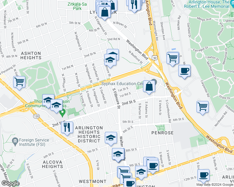 map of restaurants, bars, coffee shops, grocery stores, and more near 105 South Fillmore Street in Arlington