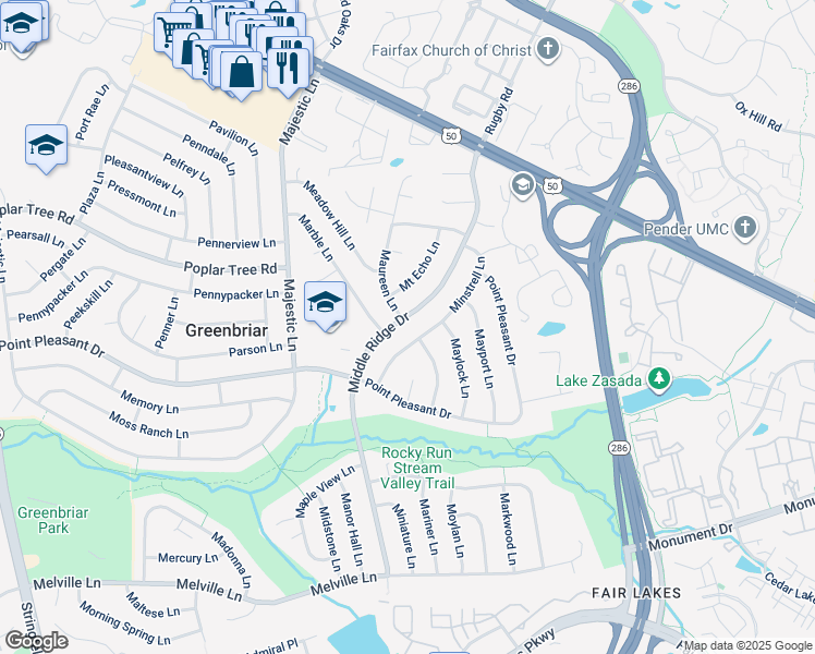 map of restaurants, bars, coffee shops, grocery stores, and more near 4127 Middle Ridge Drive in Fairfax