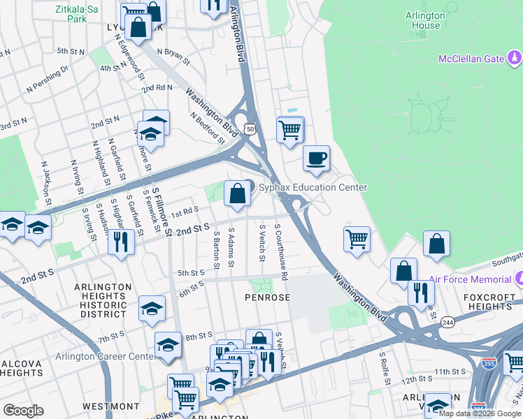 map of restaurants, bars, coffee shops, grocery stores, and more near 108 South Courthouse Road in Arlington