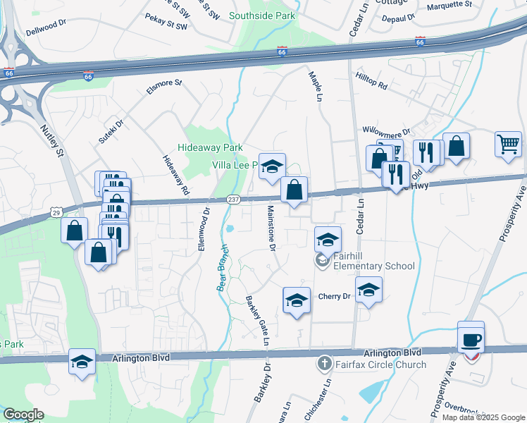 map of restaurants, bars, coffee shops, grocery stores, and more near 2904 Mainstone Drive in Fairfax