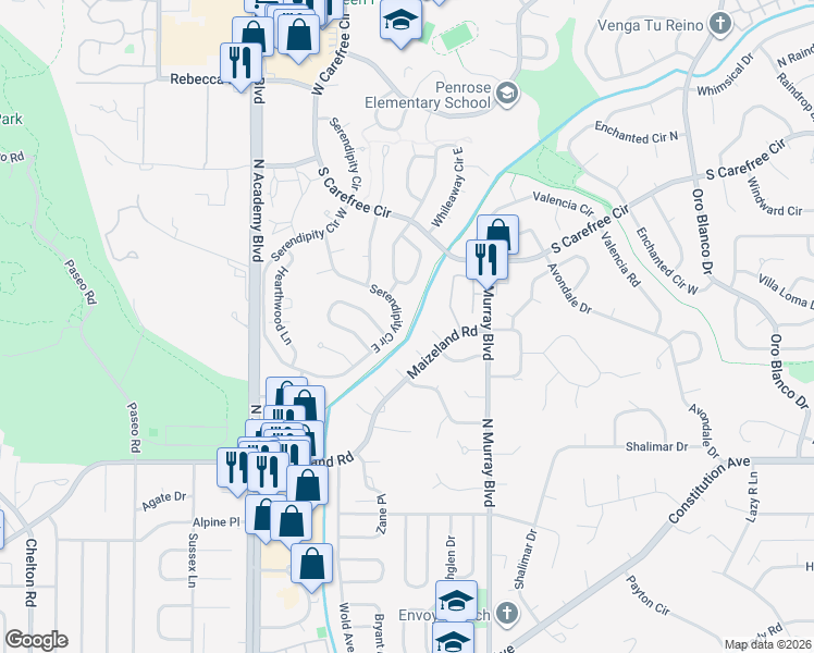 map of restaurants, bars, coffee shops, grocery stores, and more near 2813 Serendipity Circle East in Colorado Springs
