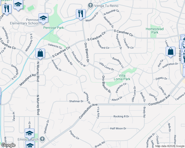 map of restaurants, bars, coffee shops, grocery stores, and more near 4837 Escapardo Way in Colorado Springs