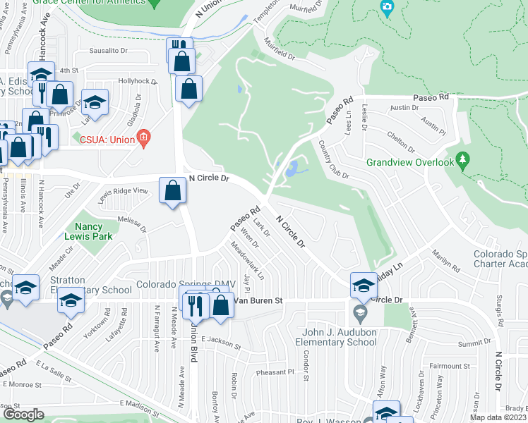 map of restaurants, bars, coffee shops, grocery stores, and more near 2836 North Circle Drive in Colorado Springs