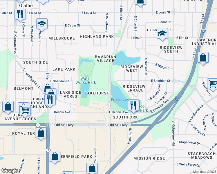 map of restaurants, bars, coffee shops, grocery stores, and more near 763 South Keeler Street in Olathe