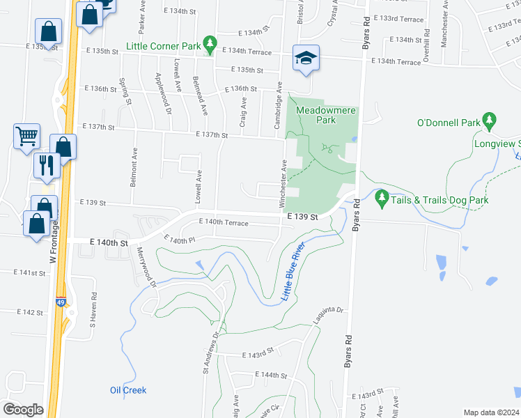 map of restaurants, bars, coffee shops, grocery stores, and more near 6801 138th Terrace in Grandview