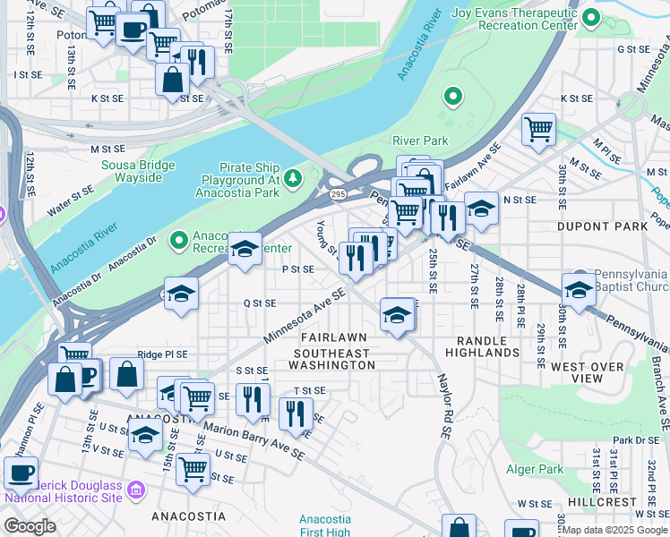 map of restaurants, bars, coffee shops, grocery stores, and more near 1966 Naylor Road Southeast in Washington