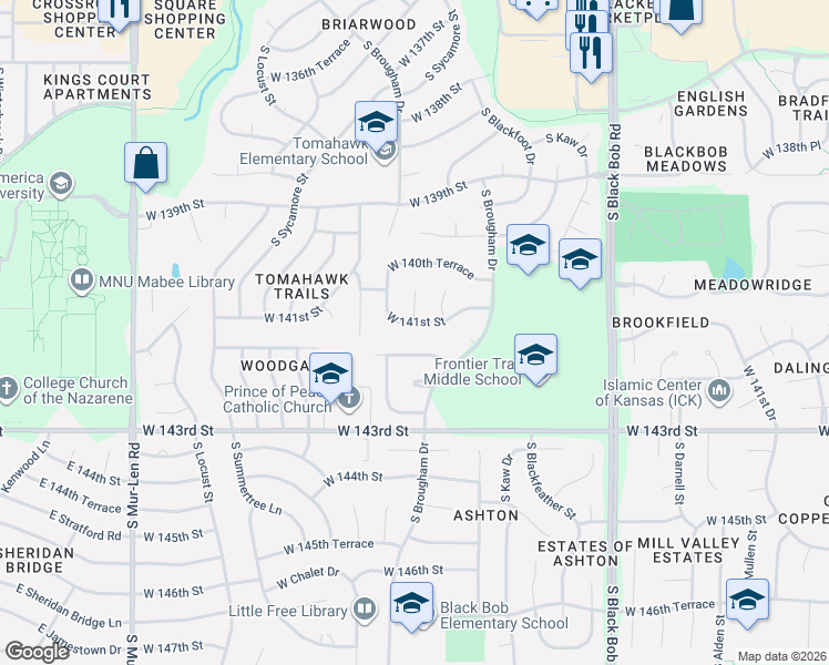 map of restaurants, bars, coffee shops, grocery stores, and more near 14099 South Seminole Court in Olathe