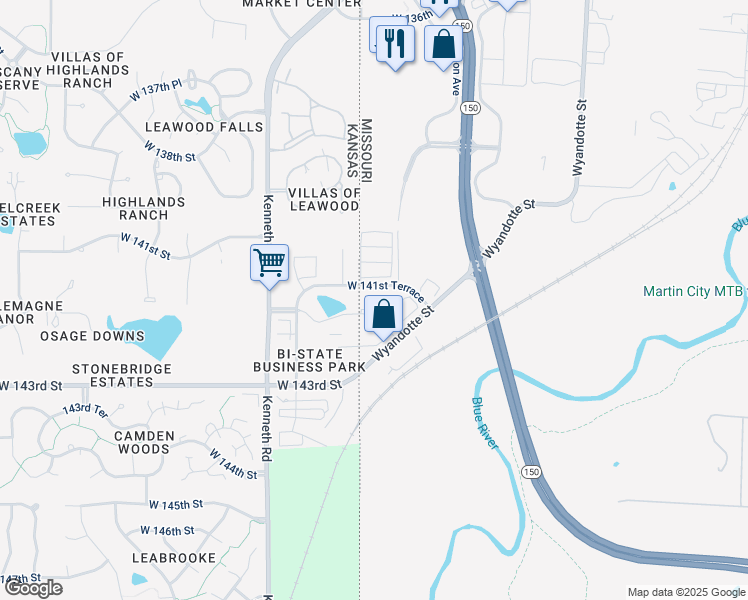 map of restaurants, bars, coffee shops, grocery stores, and more near 921 West 141st Terrace in Kansas City