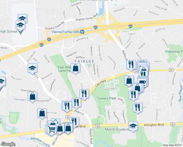 map of restaurants, bars, coffee shops, grocery stores, and more near 3059 Waterloo Lane in Fairfax