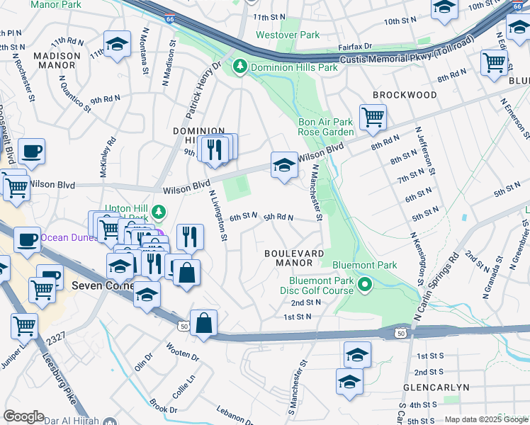 map of restaurants, bars, coffee shops, grocery stores, and more near 6001 5th Road North in Arlington