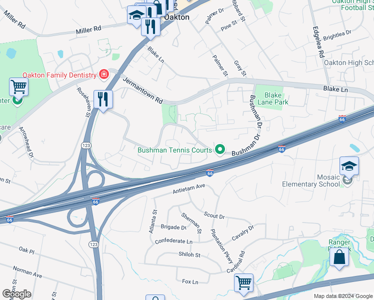 map of restaurants, bars, coffee shops, grocery stores, and more near 3176 Summit Square Drive in Oakton