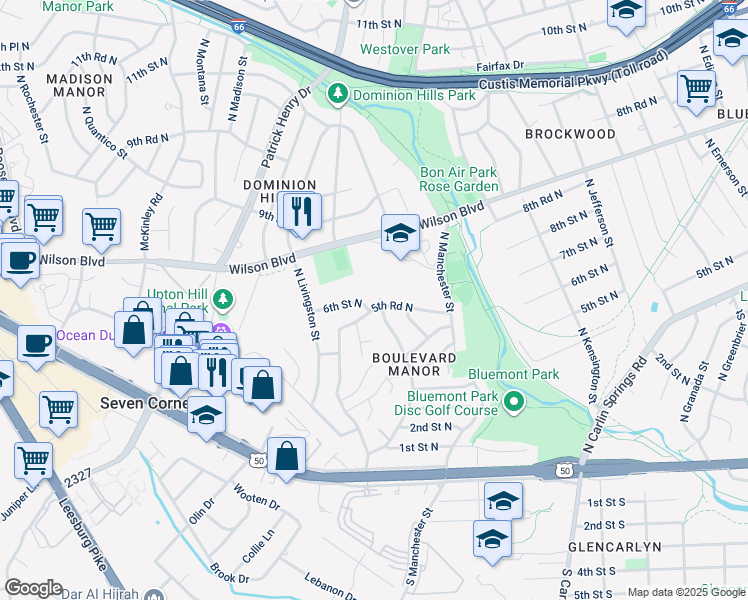 map of restaurants, bars, coffee shops, grocery stores, and more near 6001 5th Road North in Arlington