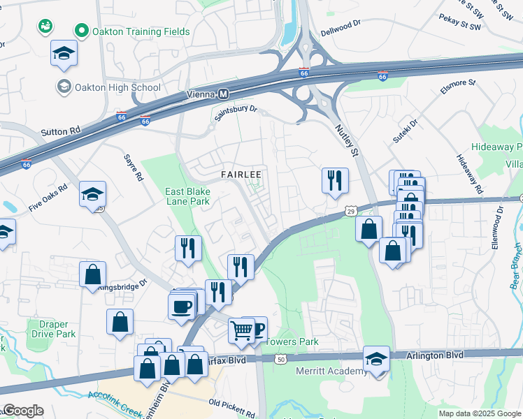 map of restaurants, bars, coffee shops, grocery stores, and more near 3059 Waterloo Lane in Fairfax