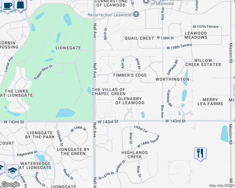 map of restaurants, bars, coffee shops, grocery stores, and more near 14140 Juniper Street in Overland Park