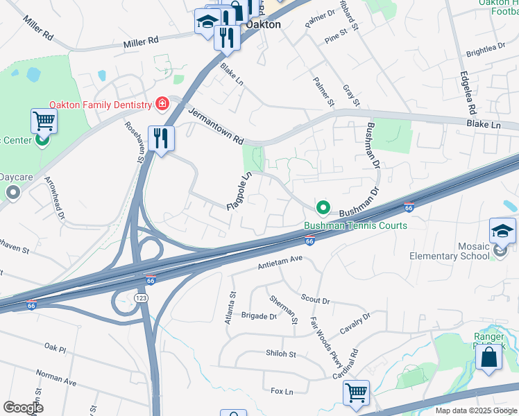 map of restaurants, bars, coffee shops, grocery stores, and more near 3166 Borge Street in Oakton