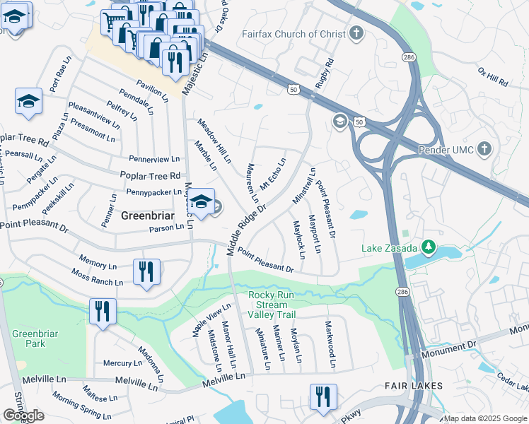 map of restaurants, bars, coffee shops, grocery stores, and more near 4127 Middle Ridge Drive in Fairfax