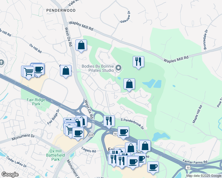 map of restaurants, bars, coffee shops, grocery stores, and more near 3902 Golf Tee Court in Fairfax