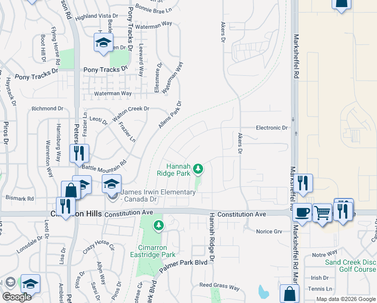 map of restaurants, bars, coffee shops, grocery stores, and more near 7216 Electronic Drive in Colorado Springs