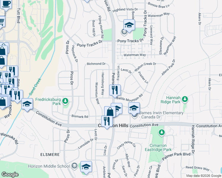 map of restaurants, bars, coffee shops, grocery stores, and more near 3570 Richmond Drive in Colorado Springs
