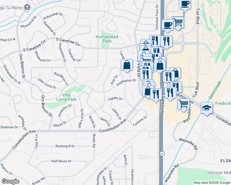 map of restaurants, bars, coffee shops, grocery stores, and more near 2710 Inspiration Drive in Colorado Springs