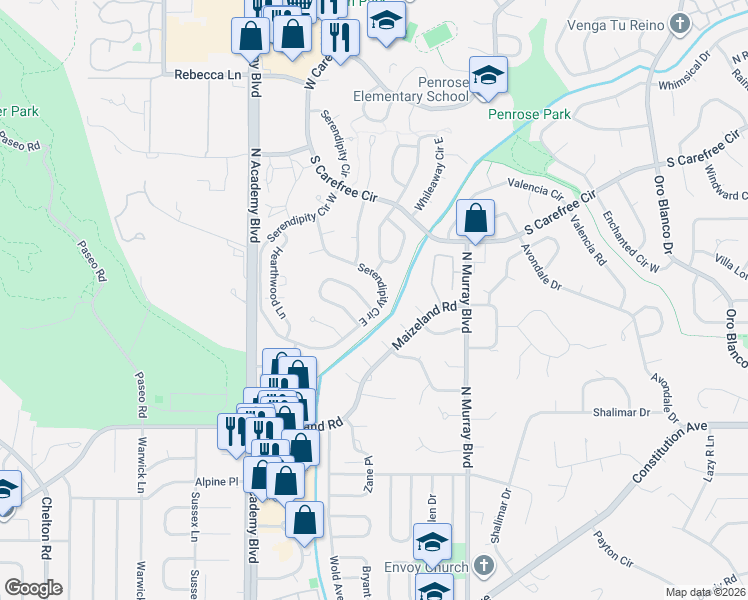 map of restaurants, bars, coffee shops, grocery stores, and more near 3912 Midsummer Lane North in Colorado Springs