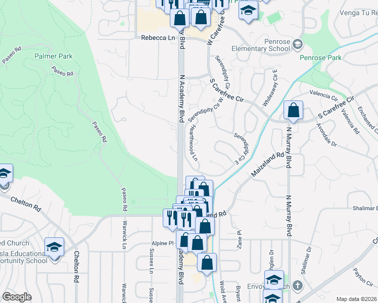 map of restaurants, bars, coffee shops, grocery stores, and more near 2724 Serendipity Circle West in Colorado Springs
