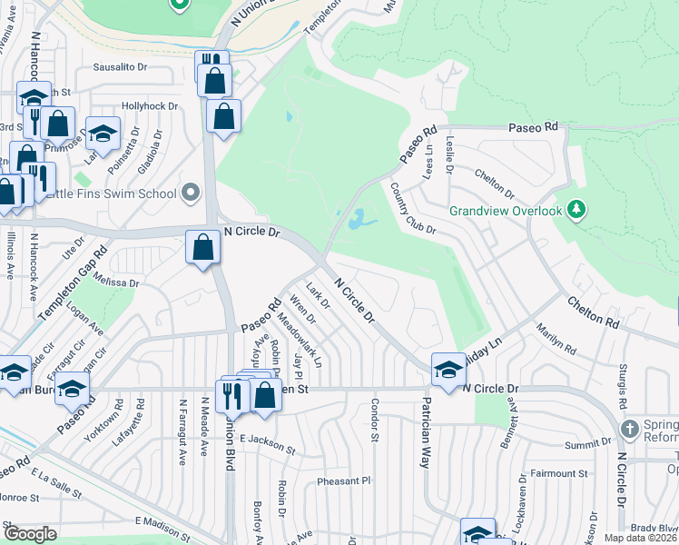 map of restaurants, bars, coffee shops, grocery stores, and more near 2858 Country Club Place in Colorado Springs