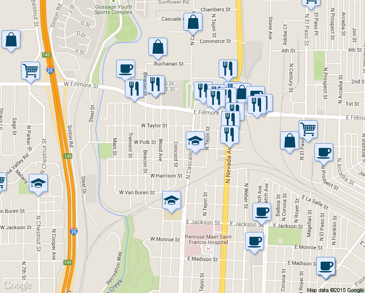 map of restaurants, bars, coffee shops, grocery stores, and more near 2810 North Cascade Avenue in Colorado Springs