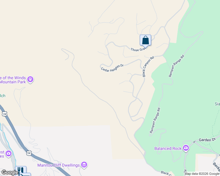 map of restaurants, bars, coffee shops, grocery stores, and more near 2980 Cedar Heights Drive in Colorado Springs