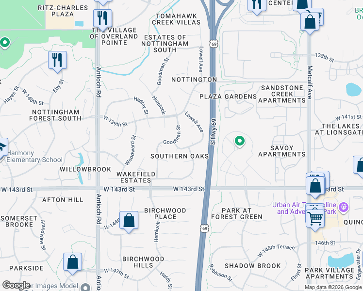 map of restaurants, bars, coffee shops, grocery stores, and more near 7916 West 140th Terrace in Overland Park