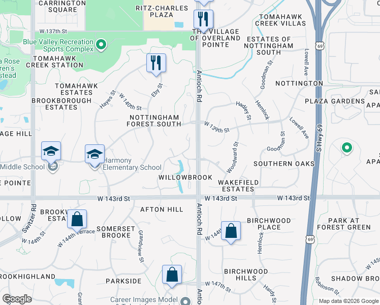 map of restaurants, bars, coffee shops, grocery stores, and more near 14134 Slater Street in Overland Park