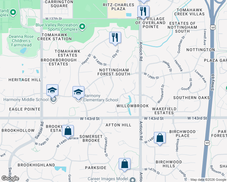 map of restaurants, bars, coffee shops, grocery stores, and more near 14112 Eby Street in Overland Park