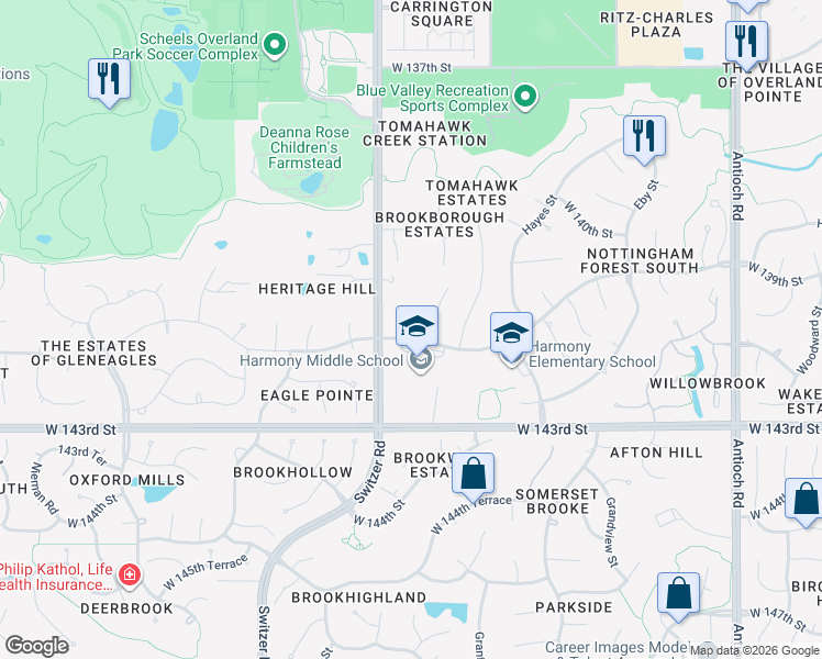 map of restaurants, bars, coffee shops, grocery stores, and more near 10110 West 141st Street in Overland Park